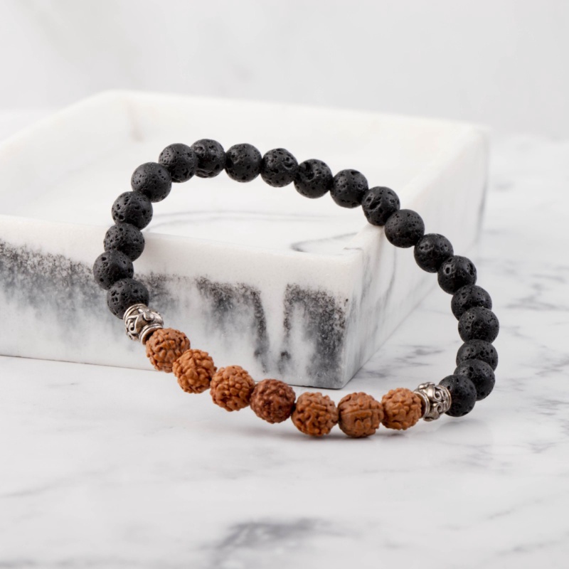 RUDRAKSHA X LÁVOVÝ KÁMEN NÁRAMEK KORÁLKOVÝ S DEKORACÍ (UNISEX) 6