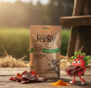 TIP TÝDNE: Hovězí natur - Jihočeské Jerky Lahodné sušené zauzené pásky čisté svaloviny hovězího masa....